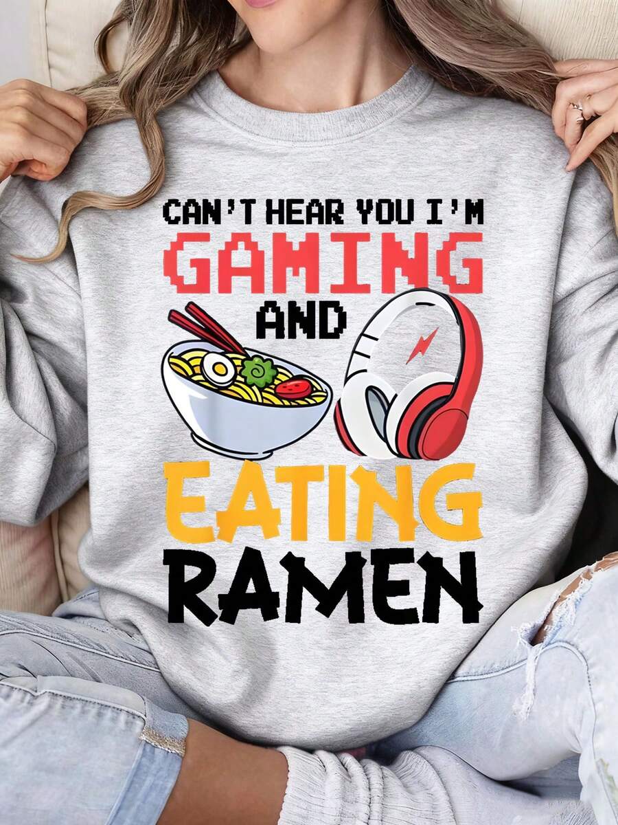Cant Hear You Im Gaming And Eating Ramen Sweatshirt Funny Gamer Food Lover Shirt For Women Men Casual Long Sleeve Top Gift Idea For Gamers Foodies - 灰色 - 查看 1