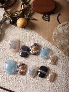 10pcs Press On Nails Nail Supplies Nails Press On Blue Drip Glue Circle Cat's Eye Black White Silvery Fake Nails Short Office DailyWear False Nails Artificial Nails Kit Includes 1sheet Adhesive Tabs &1 Pc Mini File - Multicolor - View 1