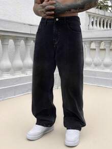 斜插口袋棉质直筒牛仔裤，个性百搭宽松直筒水洗牛仔裤，情侣款直筒宽松 - 黑色 - 查看 1
