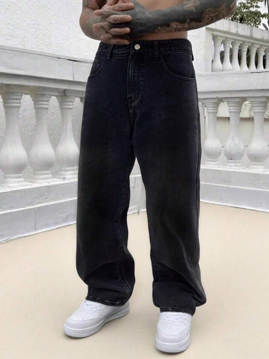 斜插口袋棉质直筒牛仔裤，个性百搭宽松直筒水洗牛仔裤，情侣款直筒宽松 - 黑色 - 查看 1