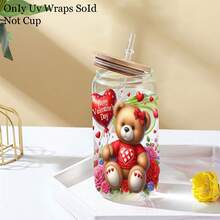 12pcs UV Dtf Valentine Teddy Pink Bear Themed Rub Ons UV DTF Transfer Stickers, With Heart Rose Flowers Pattern Art Stickers, Suitable For, Cups, Bottles DIY Furniture, Glass, Glassware, Bottles And Crafts