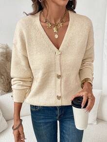 Women's Casual Cute Elegant Heart Gold Button Open Front Solid Color Drop Shoulder Knitted Sweater Cardigan Top Long Sleeves Daily Wear Office Work Streetwear Date Night Outfits Cardigan Fall Winter Going Out Outfits Clothes Christmas Thanksgiving