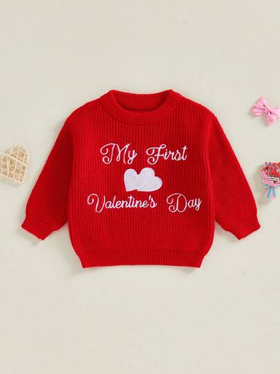 Infant Baby Valentines Knit Sweater Fashionable Letters Heart Embroidery Crew Neck Long Sleeve Tops