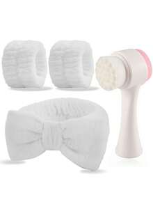 四件套面部刷具套装，含头带和腕带，柔软刷毛，面部清洁按摩工具套装 - 彩色 - 查看 1