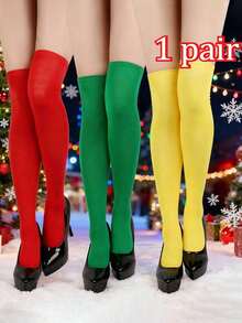 1 Pair Of Christmas Stockings, Women's Stockings, Over-The-Knee Stockings, Halloween Stockings, Holiday Stockings, Fashionable Stockings, Hand-Washable, Durable Leggings, Knee-High Stockings, Women's Stockings, Party Outfits, Women's Fashion - Multicolor - View 1
