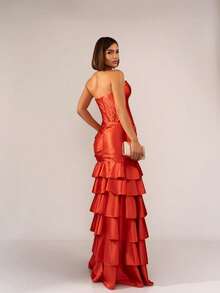 Simple Party Pleated Hem With Asymmetrical Ruffle Formal And Evening - Terracotta - View 2