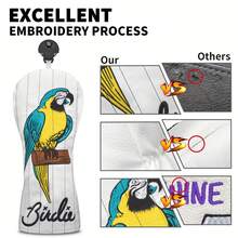 1个高尔夫球杆头套 - 柔软毛绒耐用PU保护套，饰有鲜艳的鹦鹉图案，白色条纹背景，是送给高尔夫球手、万圣节或日常使用的理想礼物。 - 白色 - 查看 9