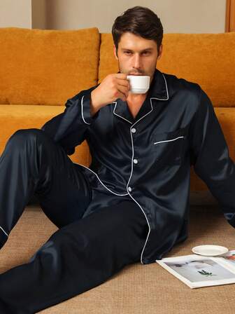 Conjunto de dos piezas de pijama para hombre, pantalones de manga larga con estampado para otoño e invierno, talla grande, holgado, conjunto de ropa de dormir para el hogar