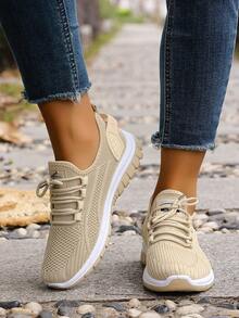 Women's Casual Athletic Shoes, Knitted Fashion Upper, Solid Color Casual Shoes, Simple And Versatile, Suitable For Sports, Fitness, Hiking, And Can Be Worn In 4 Seasons. Running Shoes, Everyday Walking Shoes, Minimalist Style, Multi-Functional Footwear, Refreshing And Fashionable Fabric, Flexible Sole, Low-Top Shoes, Casual Athletic Shoes, Outdoor , Fashionable Women. - Apricot - View 4