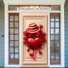2D情人节门饰横幅，1件装。精美的心形花环，顶部饰有红色帽子，周围环绕着爱心、蕾丝和珍珠。适用于室内/室外派对装饰、周年纪念派对用品、情人节等场合。2D平面设计，涤纶材质，非多层或实物模型。 - 彩色 - 查看 10