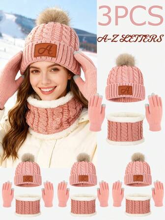3pcs/Set Birthday/Holiday Gift Set, Fashion Versatile PU Leather 26 Letter Decor Knitted Beanie Hat & Knitted Fingerless Gloves & Fluffy Warm Scarf, Detachable Pom Pom Beanie, Touchscreen Full Finger Gloves, Autumn/Winter Warm Outfit, Suitable For Daily Matching, Windproof Outdoor Casual Wear Warm Accessories