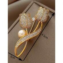 2025 Laprio 1pc Brooch Rhinestone Tulip Flower Brooch Anti-Glare Suit Brooch Collar Pin Jewelry - Yellow Gold - View 6