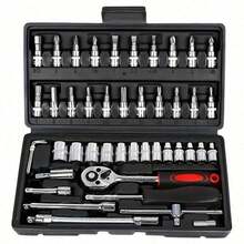 151/46pcs Comprehensive Mechanical Tool Set - 1/4", 3/8", 1/2" Deep And Standard Sockets, Ratchet Wrench Set, S2 And CR-V Sockets, Automotive Repair And Home Mechanic Kit, Including Combination Wrenches, Accessories And Storage Box
