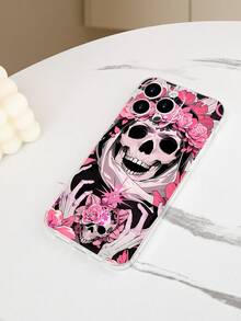 Funda de teléfono con diseño de cráneo y rosas en tono rosa, estampado con calavera adornada con flores, estilo inspirado en el Día de Muertos ideal para celebraciones festivas y uso personalizado, diseño misterioso y romántico, funda transparente, resistente a golpes, alta transparencia, compatible con iPhone17/16/15/14/13/12/11/Plus/Pro/ProMax, compatible con Galaxy A34/A35/A54/A55, Galaxy S20/S21/S22/S23/S24/S25 Ultra/Plus, compatible con Moto/Galaxy/Redmi/Honor/OPPO - transparente - Ver 8