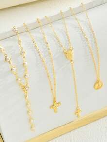 4 件 Y2K 十字架吊坠项链套装，珍珠多层项链，复古颈链，适合女士，适合派对和节日佩戴 - 彩色 - 查看 9