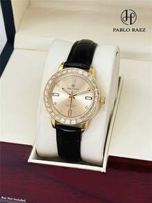 Pablo Raez 1件女款時尚手錶 18K金飾不鏽鋼奢華女錶復古金錶優雅新款原創迷人設計石英錶時尚金黑高品質女孩熱門手錶水鑽顯示50M防水超細纖維PU皮革柔軟透氣手鍊鎖扣休閒青少年可愛手錶適合朋友或家人日常生活/工作/派對裝飾畢業婚禮禮物 - 均碼 - 查看 2