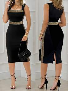 优雅黑色亮片缎面修身连衣裙，适合春夏场合，可机洗涤纶混纺面料 - 黑色 - 查看 1