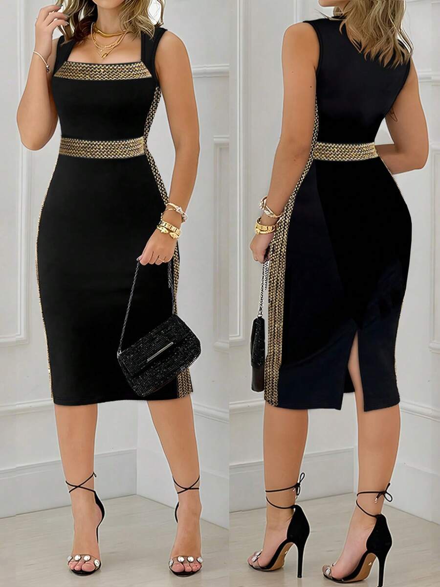 优雅黑色亮片缎面修身连衣裙，适合春夏场合，可机洗涤纶混纺面料 - 黑色 - 查看 1