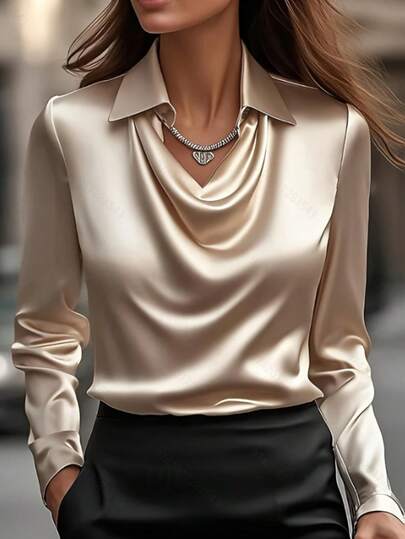 Plus Size Long Sleeve Satin Twill Shirt, Elegant Ruched Collar, Suitable For Office And Outdoor Wear, Spring/Autumn