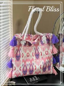 Bolso de hombro tipo tote de tela con borlas, hecho a mano, versátil y artístico, estilo Chiang Mai - Rosa - Ver 1