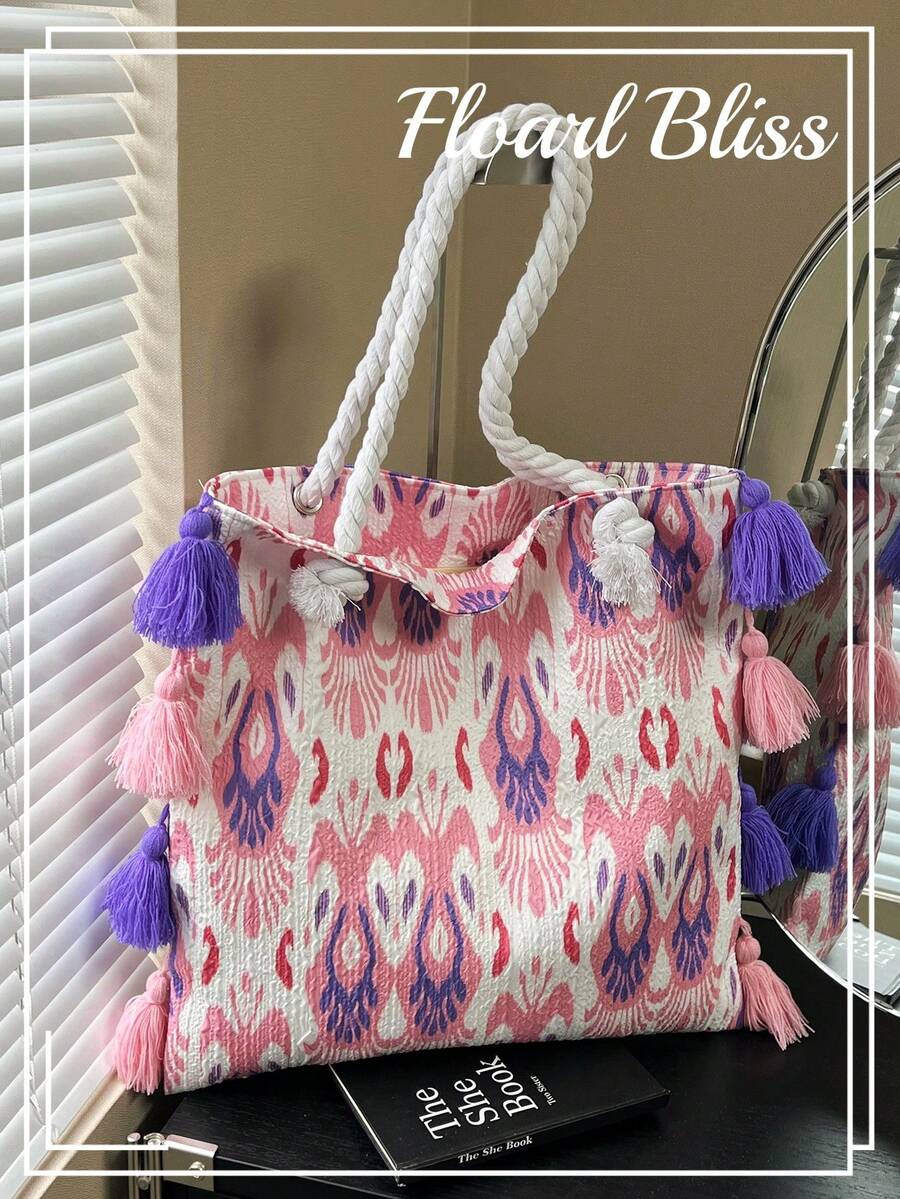 Bolso de hombro tipo tote de tela con borlas, hecho a mano, versátil y artístico, estilo Chiang Mai - Rosa - Ver 1