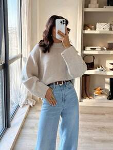 Grey Crew Neck Casual Knit Sweater For Women
