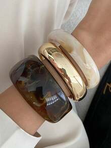 1 peça/3 peças Conjunto de Pulseira de Resina Arqueada, Luxuosa e Chique, Estilo Streetwear Adequado para Mulheres e Casais, Versátil para Feriados, Férias, Uso Diário, Pulseira de Metal Quadrada (Material e Cor Sujeitos ao Item Real)