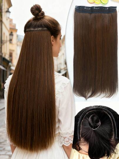 22 Inch 5-Clip Straight Hair Extensions - Heat Resistant Synthetic Weft For Women, Christmas Party & Festival Hairstyle, Daily Use Multicolor Hairpiece (55cm, Easy Clip-In)