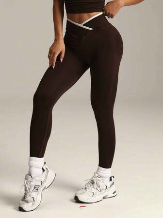 瑜伽舒适紧身裤 无缝罗纹针织收腹提臀透气速干运动紧身裤 宽腰带健身紧身裤