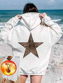 1pc Casual Leopard Star Print Thermal Lined Sweatshirt, Suitable For Girls And Tween Girl, Essential For Students In Autumn/Winter, Suitable For Young Children, Long Sleeve Thickened Design, Designed For Dreamers Chasing The Starlight!