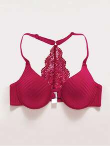 女士前扣式挂脖文胸，钢圈设计，性感蕾丝露背，舒适轻薄打底衫 - 紅色 - 查看 2