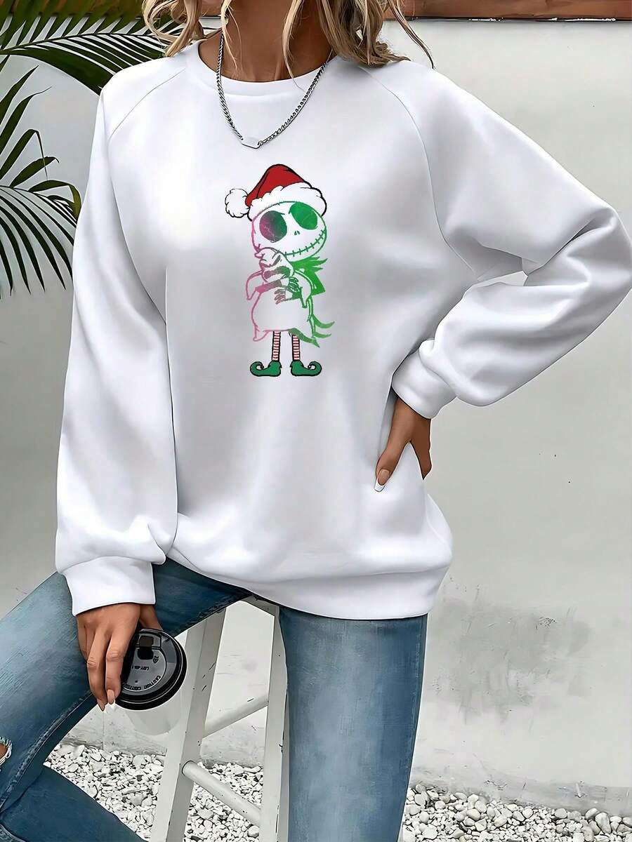 Nightmare Before Christmas Women's Sweatshirt - Jack Skellington & Sally Graphic, Cozy Long Sleeve Round Neck Pullover For Fall Winter, Casual Clothing, Machine Washable, Themed Party Apparel - trắng - Xem 1