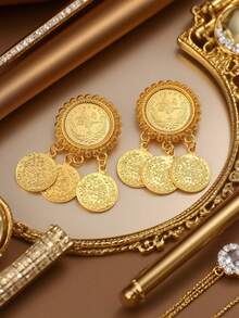 Herseygold 1 Pair Turkish Kurdish Bride Gold-Plated Brooch, Arabic Coin Totem Cufflinks, Scarf Clips, Middle Eastern Luxury Wedding Festival Women Jewelry - Gold - View 6