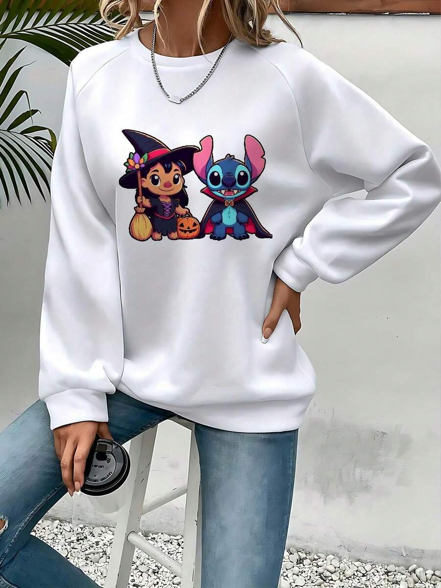 Women'S Halloween & Christmas Graphic Sweatshirt - Cozy Round Neck Pullover With Stitch & Lilo Design, White Casual Long Sleeve Sweatshirt For Fall/Winter, Perfect For Home, Work, Or Shopping, Halloween Clothing | Playful Design | Comfortable Fit, Halloween Sweatshirt - 白色 - 查看 1