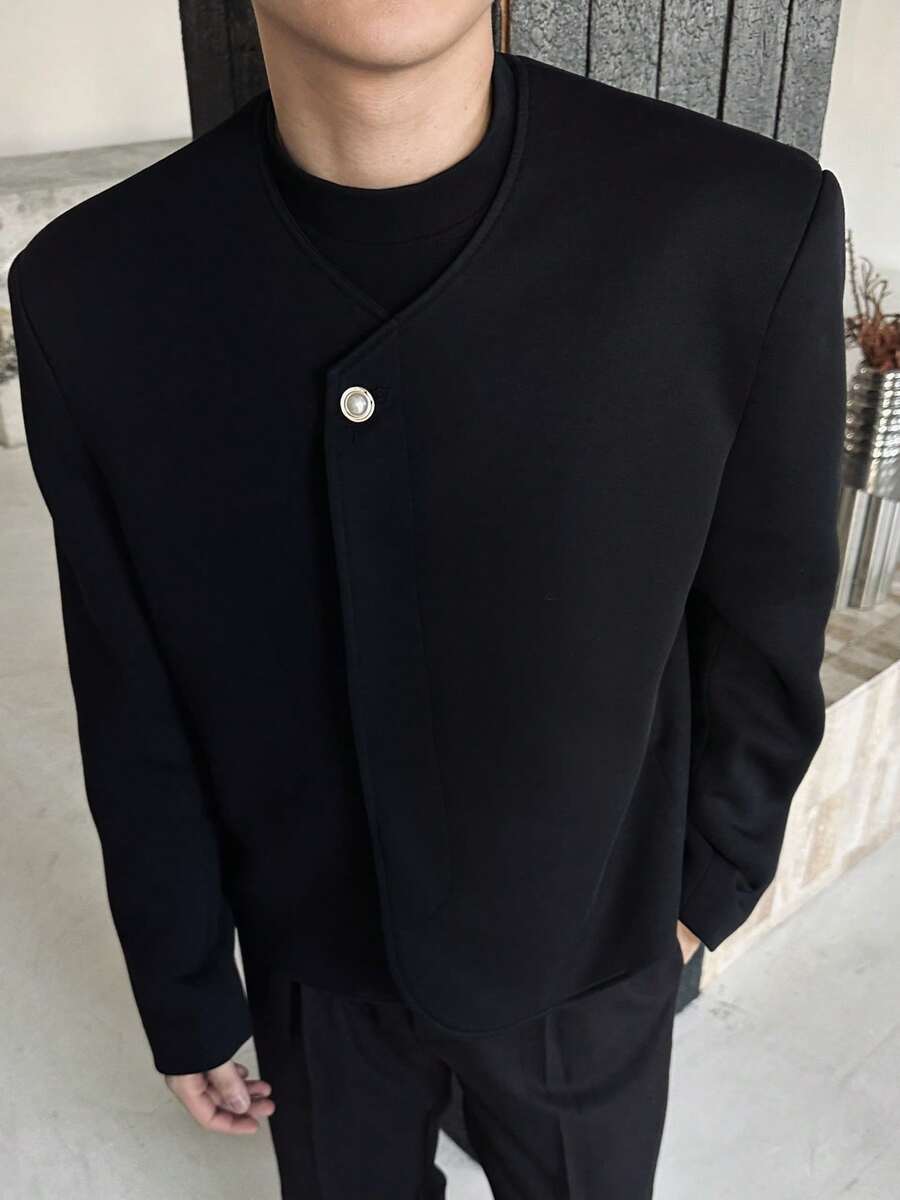 Pi Shuai Style Men's Model Jacket, Small Fragrant Shoulder Pads, Spring And Autumn Short Style, High-End Design Sense, Niche Collarless Shoulder Jacket - Black - View 1