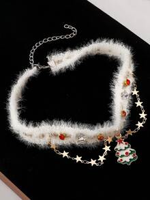 1pc Women's Fashionable New Christmas Tree Choker Fluffy Necklace, Star Tassel Metal Chain, Autumn/Winter Necklace With Rhinestone Gems, Suitable For Wedding, Party, Holiday - White - View 11
