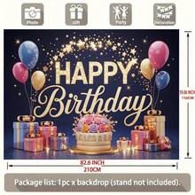Banner phẳng 2D cho phông nền tiệc sinh nhật trang nhã và vui tươi, với tua rua vàng, ngôi sao sáng, bóng bay và hộp quà - 1 CÁI - Xem 6