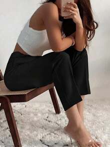 女士优雅秋季通勤褶裥侧袋打底裤，女士春秋季长裤 - 黑色 - 查看 5