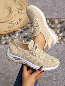 Women's Casual Athletic Shoes, Knitted Fashion Upper, Solid Color Casual Shoes, Simple And Versatile, Suitable For Sports, Fitness, Hiking, And Can Be Worn In 4 Seasons. Running Shoes, Everyday Walking Shoes, Minimalist Style, Multi-Functional Footwear, Refreshing And Fashionable Fabric, Flexible Sole, Low-Top Shoes, Casual Athletic Shoes, Outdoor , Fashionable Women. - Apricot - View 1