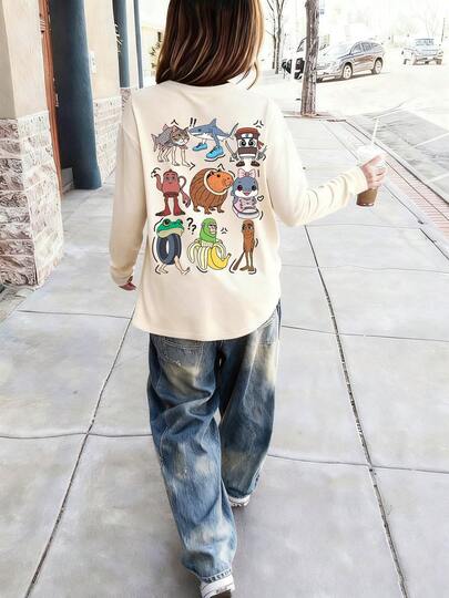 1pc Tween Girls' Casual Printed Long Sleeve T-Shirt, Spring/Autumn, Fashionable, Warm And Comfortable Design For Young Students And Teenagers