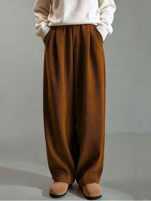 女士棕色灯芯绒休闲喇叭裤，带保暖内衬 - 棕色 - 查看 6