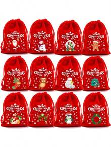 10pcs/Set Large Christmas Ornament Gift Bags, 12 Christmas Theme Pattern Gift Bags, Velvet Drawstring Gift Bags For Christmas & Halloween (Random Pattern) - Red - View 1