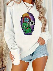 Nightmare Before Christmas Women's Sweatshirt - Tim -Inspired  & Sally Graphic, Cozy Crewneck Pullover For Fall/Winter, Casual & Themed Events, Officially Licensed Apparel, Soft Round Neck Sweatshirt With Nightmare Before Christmas Characters, Machine Washable, Perfect For Home, Work, Or Shopping - 白色 - 查看 1