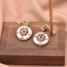 Baroque Natural Pearl Earrings Silver Needle Studs Niche High-End Vintage Long Women's Retro Jewelry - 復古祖母綠珍珠包邊耳環 - 查看 7