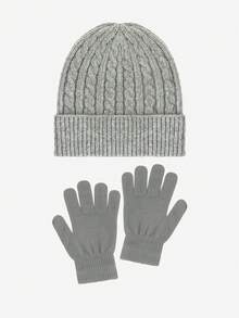 2pcs/Set Unisex Fashion Simple Versatile Cable Knit Beanie Hat & Full Finger Gloves Set, Autumn/Winter Warm Outfit, Suitable For Daily Casual Wear And As Gifts Winter Clothing - Grey - View 8