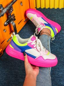 Women's Casual Athletic Shoes, Dopamine-Enhanced Colorful Low-Top Lace-Up Skate Shoes, EVA Soft Sole For Comfort And Durability, Suitable For Everyday Wear, Commuting, Travel, And As A Holiday Gift. - 粉紅藍玫紅 - 查看 2