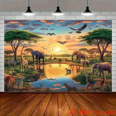 Pancarta plana 2D 1 Decoración de pared de fibra de poliéster vibrante para una pancarta de fiesta del atardecer en un parque de vida silvestre africano, con elefantes, jirafas y cebras, perfecta para salas familiares y fondos de fotos de eventos