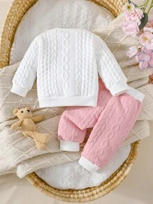 Newborn Baby Girls Cute Bear & Bow Flocked Embroidered Long Sleeve Top And Contrast Color Simple Long Pants 2 Pieces Outfit