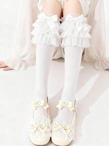 1 Pair Women's White Multi-Layer Lace Bow Calf Socks | Lolita Style Cute Sweet | Frilly Kawaii Design | Perfect For Lolita Fashion & Sweet Outfits - Multicolor - View 4