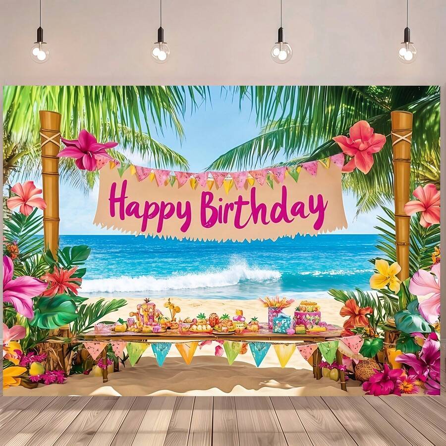 1件装热带夏威夷海滩生日派对背景布 - 以生机勃勃的棕榈树、色彩缤纷的花朵、海景和“生日快乐”横幅为特色。非常适合夏季庆祝活动、拍照道具和派对装饰，可用作派对背景、热带主题派对装饰和生日派对装饰。 - 彩色 - 查看 1
